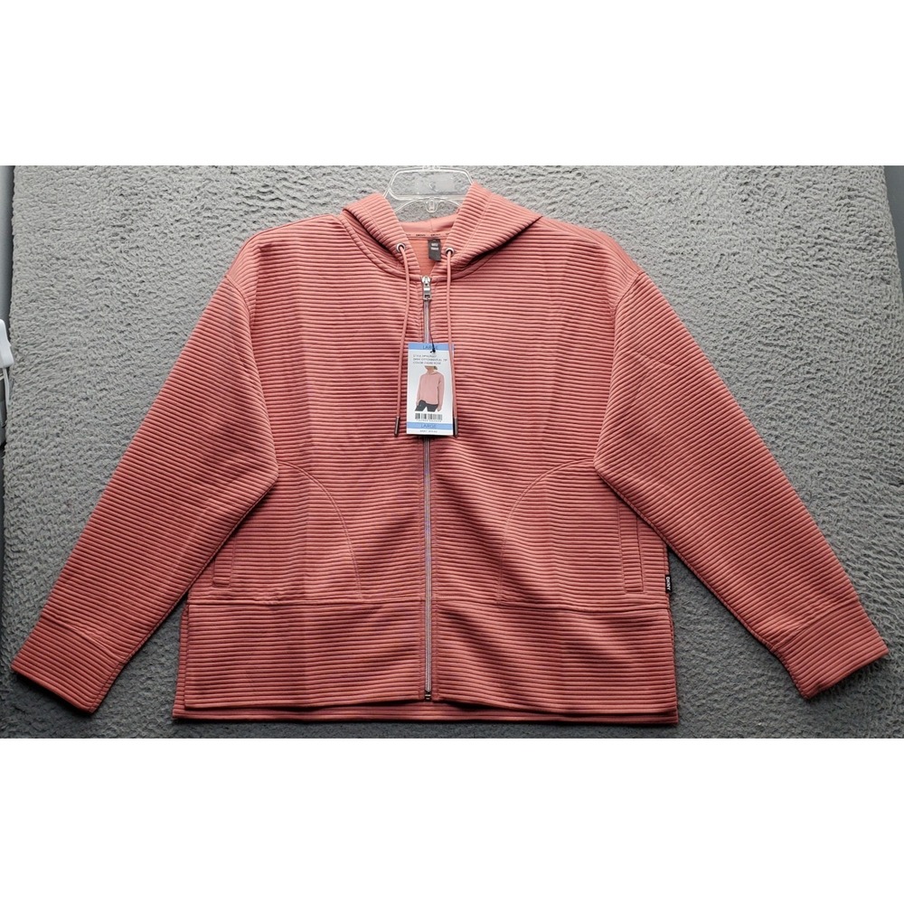DKNY Hooded Jacket Women L Pink Ribbed Soft Ottoman Tech Pockets Zip Up DPMJ9667